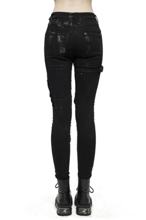 Gothic alternative skinny jeans rear view showing mottled distressed finish and cargo pocket detail