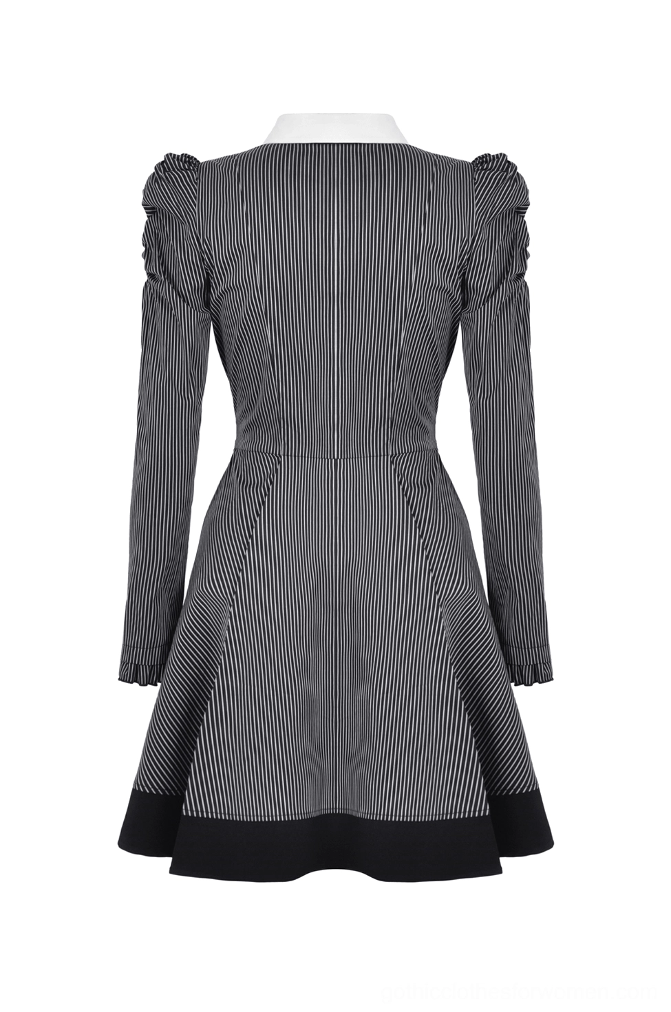 Pinstriped gothic mini dress with puffed long sleeves and tailored silhouette - hanging product shot