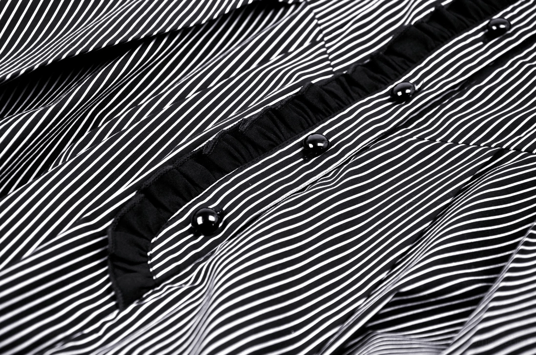 Pinstriped gothic dress front placket with black ruffled trim and round buttons - close-up fabric detail