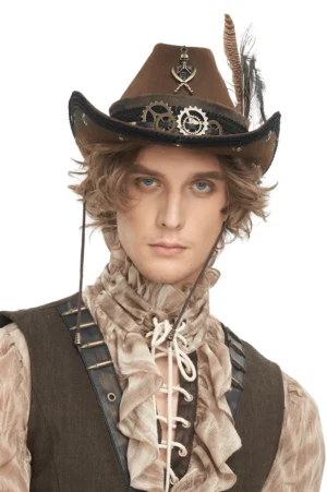 Steampunk brown fedora hat with brass gears and peacock feathers, frontal view on male model wearing Victorian steampunk outfit