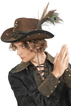 Side three-quarter angle of steampunk brown hat showing feather placement and gear embellishments on fashion model