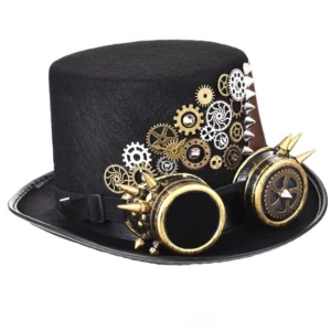 Black steampunk fedora with vintage-inspired goggles and mechanical gear accents, right 3/4 perspective showcasing metal hardware and gothic aesthetic details
