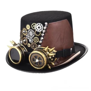 Black steampunk fedora hat with spiked goggles and metal gear ornaments, left 3/4 view showing gothic top hat design with brown leather panel and silver spike details