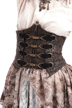 Distressed brown steampunk gothic corset belt worn on female model, front upper body view showcasing antique bronze buckles and metal hardware details against white studio background