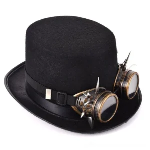 Steampunk cylinder hat with integrated brass goggles and vintage spike details, alternative angle highlighting gothic aesthetic