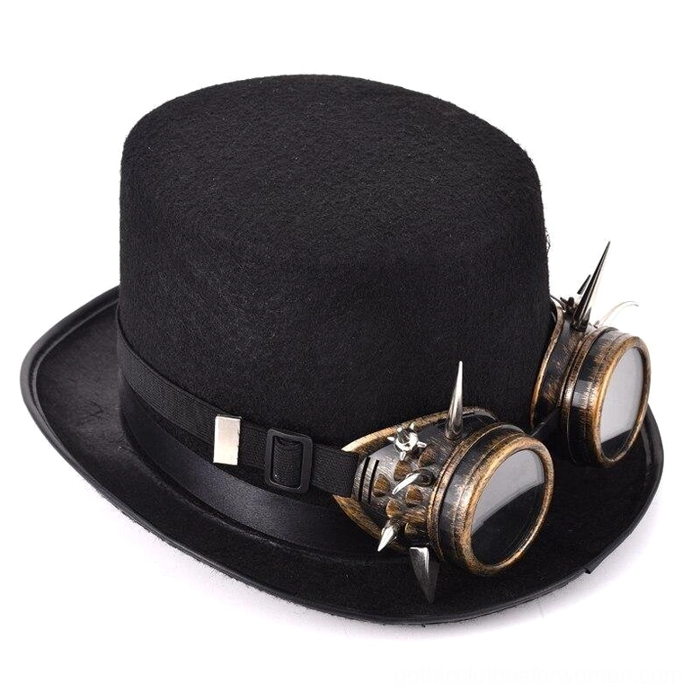 Steampunk cylinder hat with integrated brass goggles and vintage spike details, alternative angle highlighting gothic aesthetic