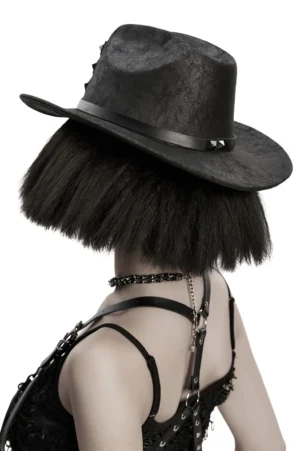 Black steampunk gothic hat with leather band and metal studs - rear side profile view showing hat band details