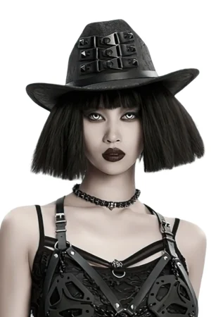 Black suede steampunk gothic hat with triple buckle straps - front upper-body view on model with short black bob hair