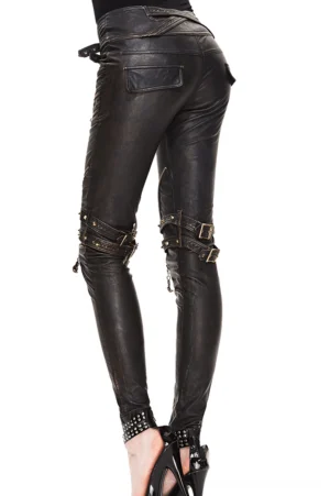 Steampunk gothic leather pants back view showing pocket details, knee buckles, and studded ankle cuffs on model