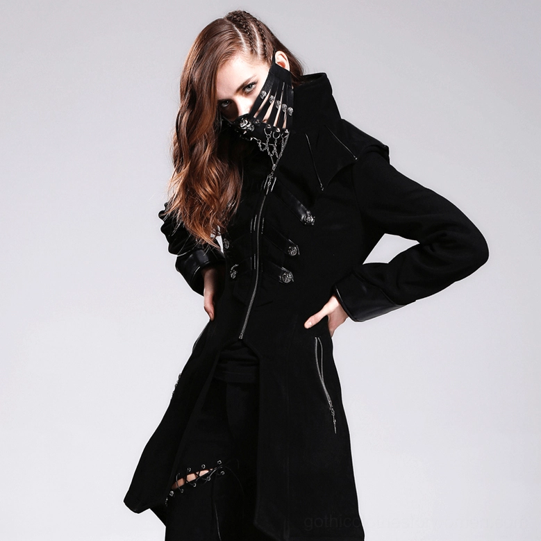 Black steampunk gothic mask product image highlighting adjustable fit design, skull motifs, metal chain hanging detail and unisex alternative fashion appeal