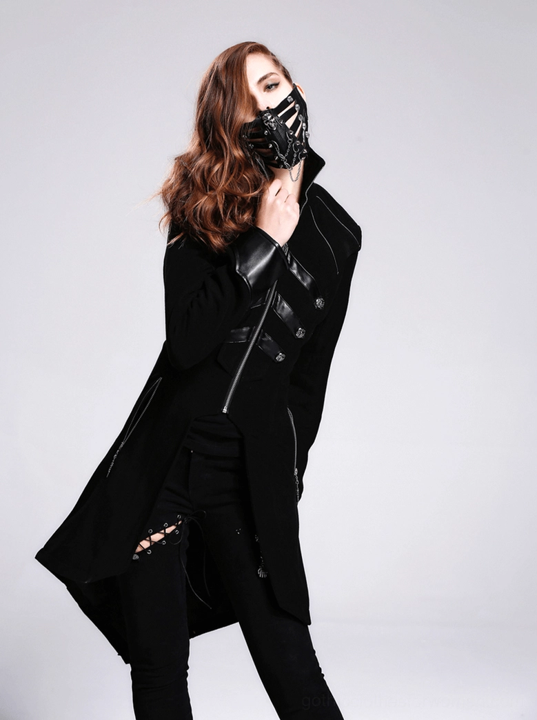 Comprehensive product view of black steampunk gothic face mask showing complete design including skull studs, hanging metal chains and premium synthetic leather construction