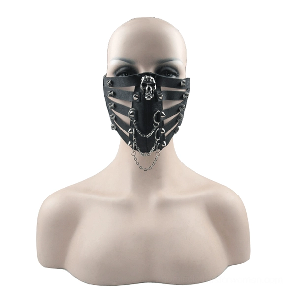 Black synthetic leather steampunk gothic face mask on female mannequin bust, featuring skull accents and hanging metal chain accessories