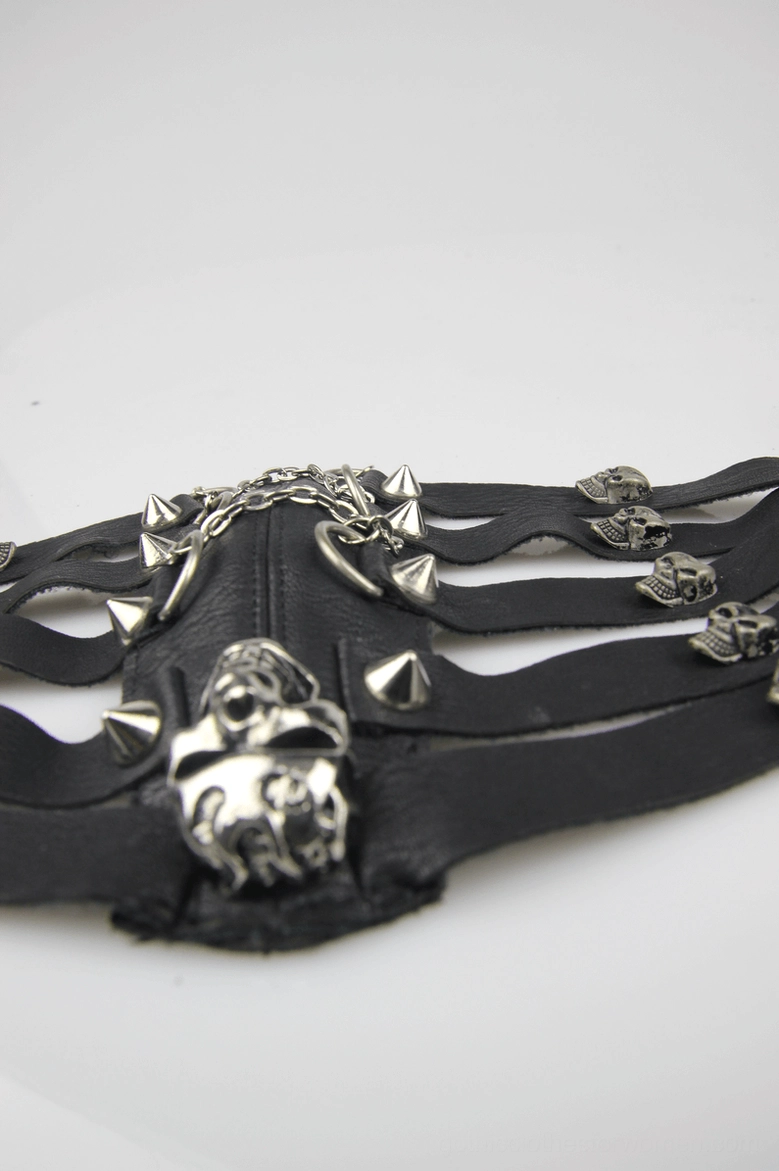 Black steampunk gothic face mask displaying intricate skull and spike stud pattern, metal chain accessories and premium synthetic leather finish