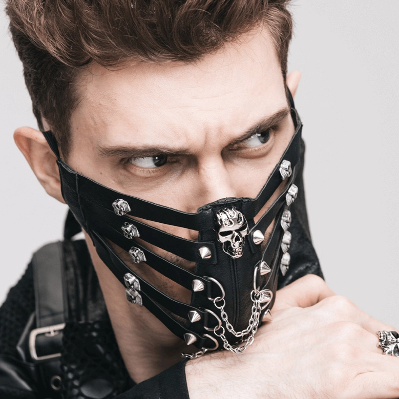 Black steampunk gothic face mask close-up showcasing high-quality synthetic leather, intricately placed skull studs and metal hardware elements