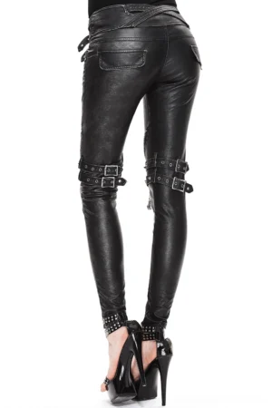 Gothic tight leather pants back view – rear perspective showcasing back pockets, studded ankle cuffs, knee buckle straps, and polished black PU leather finish