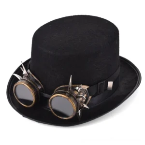 Black steampunk top hat with brass goggles and spike embellishments, front oblique view showcasing gothic cylinder design