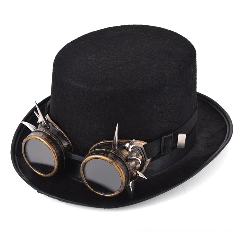 Black steampunk top hat with brass goggles and spike embellishments, front oblique view showcasing gothic cylinder design