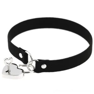 Heart-shaped silver padlock choker with matching key detail on black leather strap - front view