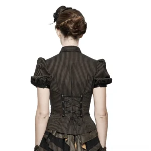Gothic steampunk blouse with lace-up back closure and stand collar, rear view on model against white background