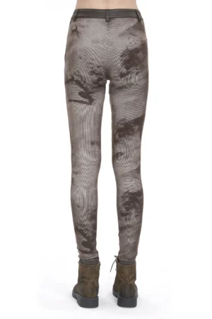 Gothic steampunk leggings with lace-up waistband and decorative thigh straps in brown-grey tie-dye pattern, front display on mannequin
