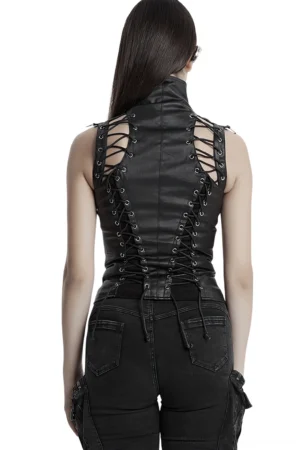 Steampunk corset vest back view - showcasing full lace-up spine, cutout shoulder straps, and alternative fashion styling