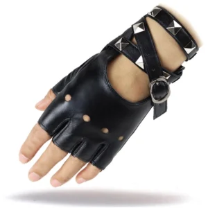 Black fingerless steampunk leather gloves with pyramid rivets and buckle strap worn on hand, side front view