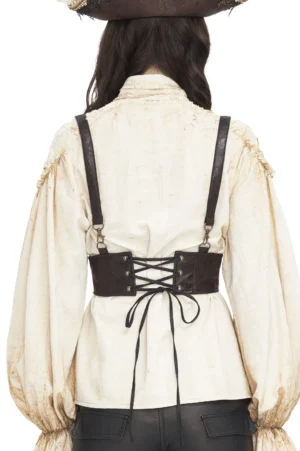 Steampunk leather harness back view showing lace-up closure with waxed drawstring and vintage distressed leather texture