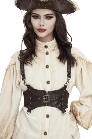 Steampunk leather harness front view on model wearing tricorn pirate hat, distressed brown leather with adjustable shoulder straps and antique brass buckle closure