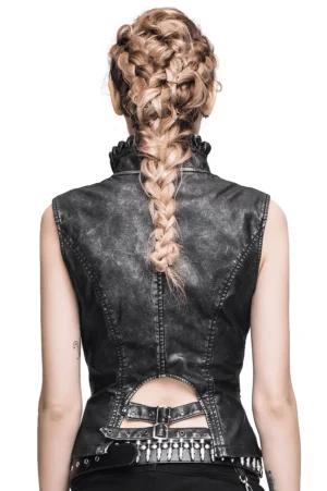 Back view of gothic leather waistcoat showing cutout back design and adjustable belt buckles