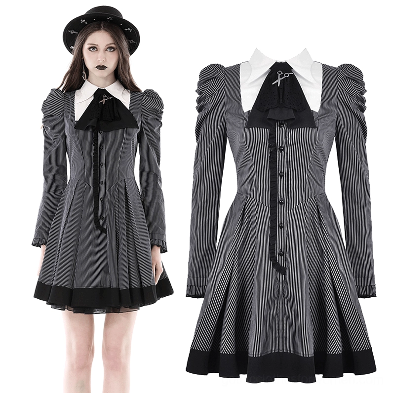 Victorian steampunk pinstripe gothic dress with black fedora and scissor brooch - front styling view