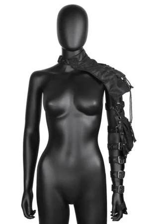 Black steampunk shoulder arm gear bag front view on mannequin, featuring black PU leather, shoulder harness, and adjustable buckle straps