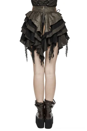 Steampunk brown mini skirt with asymmetrical ruffled hem and layered details, back full view on model