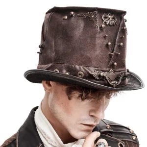 Side profile view of gothic steampunk hat showcasing ornate metal hardware, bronze rivets, and structured top hat silhouette in rich brown PU leather