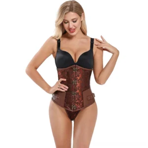 Women's steampunk underbust corset with reddish jacquard fabric and brown leather trim - front view on blonde model