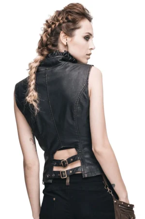 Black gothic steampunk leather waistcoat with back cutout and adjustable belt straps, rear view on model