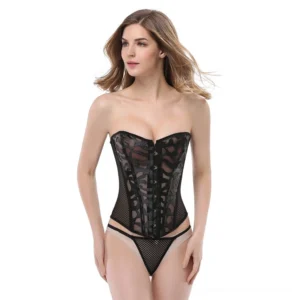 Steel-boned black mesh gothic corset with sheer floral embroidery, front full view worn by model