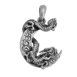 Sterling silver dragon moon pendant flat lay view with detailed carved dragon coiled around crescent moon, antique silver finish, overhead perspective on white background