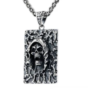 Sterling silver grim reaper skull gothic pendant necklace front view with vintage bone-carved relief on white background