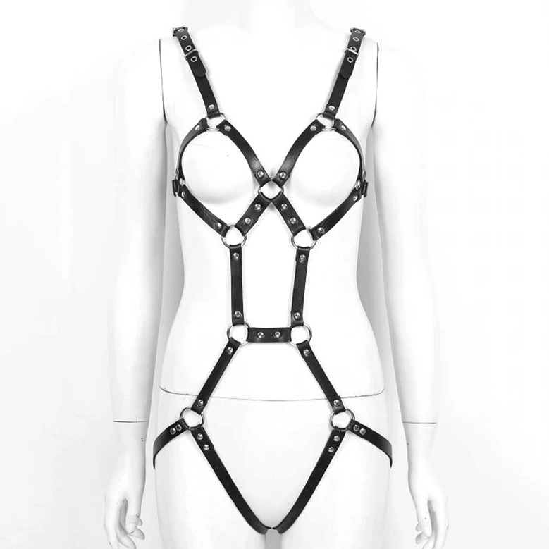 Black leather body harness with metal ring accents strappy design worn on mannequin