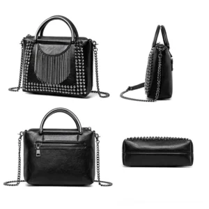 Multiple angle views of studded gothic handbag showing rear zipper pocket and chain strap versatility