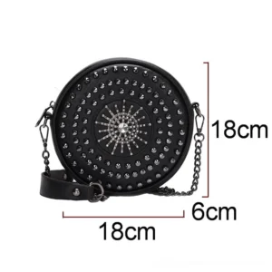 Compact gothic round shoulder bag with dimensions 18cm x 18cm showing size comparison