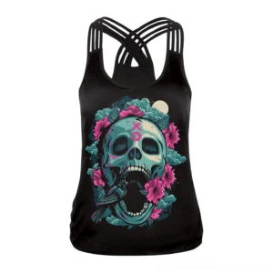 Black sugar skull gothic tank top with teal and pink floral print, front view, featuring crisscross back strap design and sleeveless silhouette