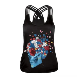 Black sugar skull gothic tank top front view with vibrant colorful skull and floral print design on sleeveless silhouette