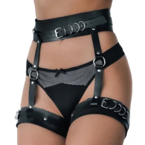 Adjustable leather leg garter with mesh panel lingerie detail and metal rings, front close-up styling