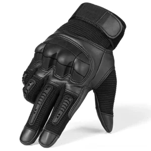 Black tactical military gloves with reinforced knuckles and adjustable wrist strap, three-quarter angle