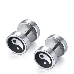 Yin yang tai chi stud earrings side perspective polished metal gothic earrings unisex