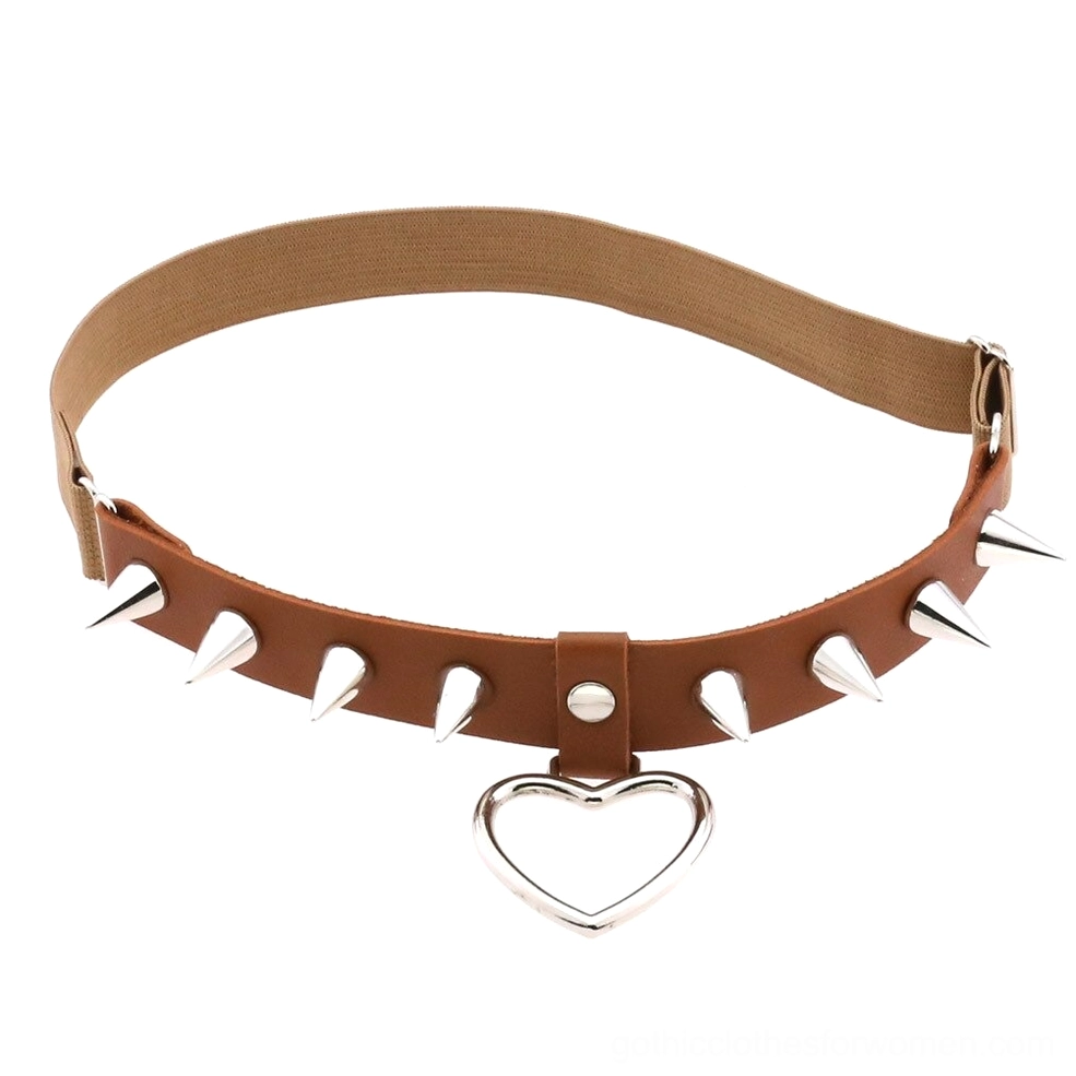 Tan brown PU leather gothic spike heart leg garter with silver studs and heart detail, product display