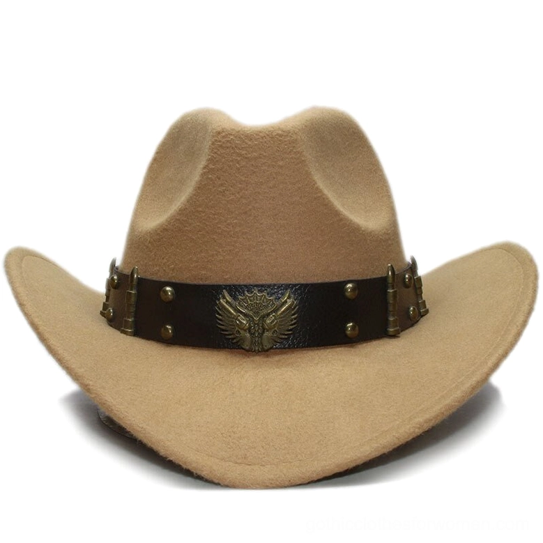 Tan gothic cowboy fedora with decorative leather strap - front view studio photography