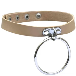 Tan gothic padlock choker necklace with silver metal padlock pendant, front flat view