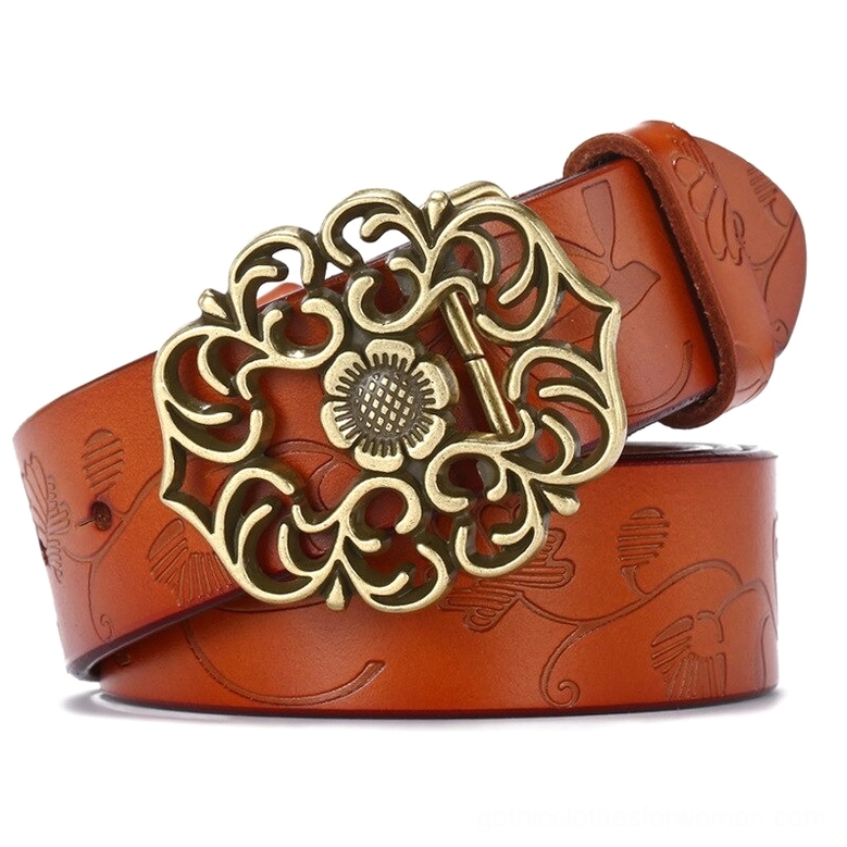 Tan orange leather women's gothic belt with smooth genuine leather, embossed floral patterns, and vintage bronze geometric buckle